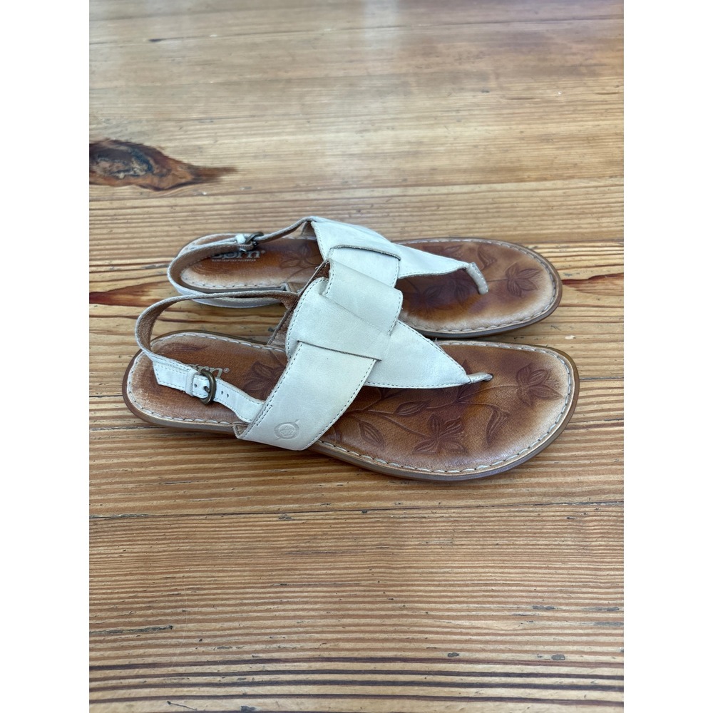 Born‎ Thong Sandals Womens Cream Leather Floral Embossed Slingback SIZE 9 - Picture 3 of 7
